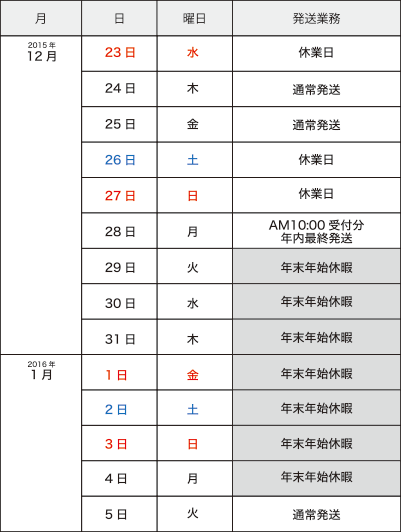 年末年始期間中の営業について スケジュール