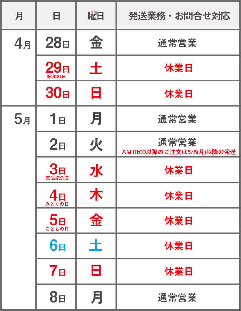 ゴールデンウィーク期間中の営業につきまして