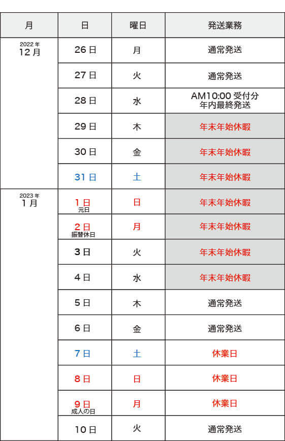 年末年始期間中の営業・発送のご案内